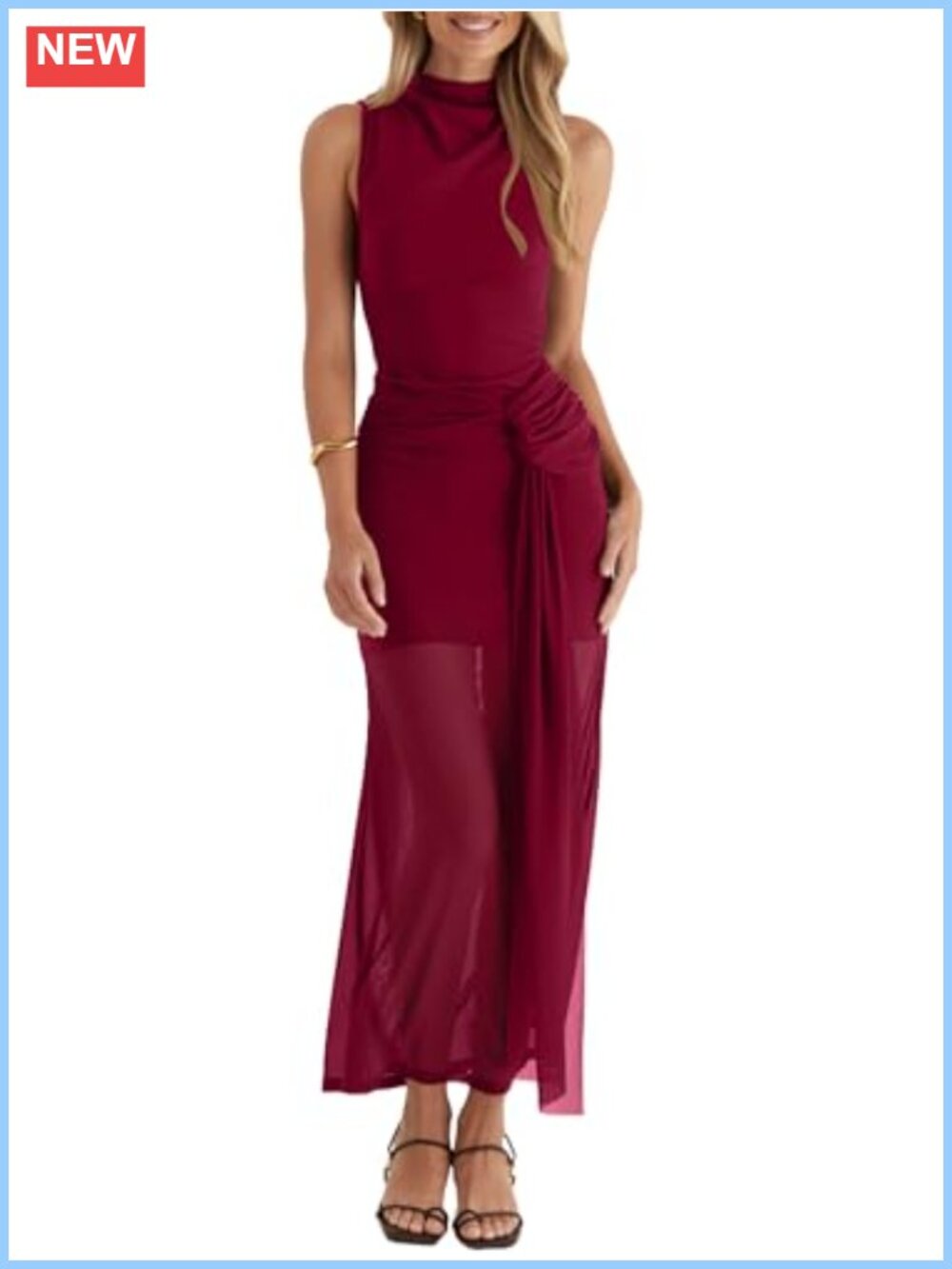 OWIN Women's Mock Neck Sleeveless Ruched Mesh Bodycon Maxi Dress